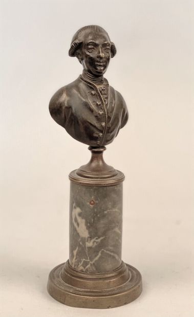 null A bronze bust with a brown patina, representing a gentleman. Column base in...