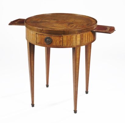 null Round GUERIDON forming a game table with a removable top inlaid with a landscape...