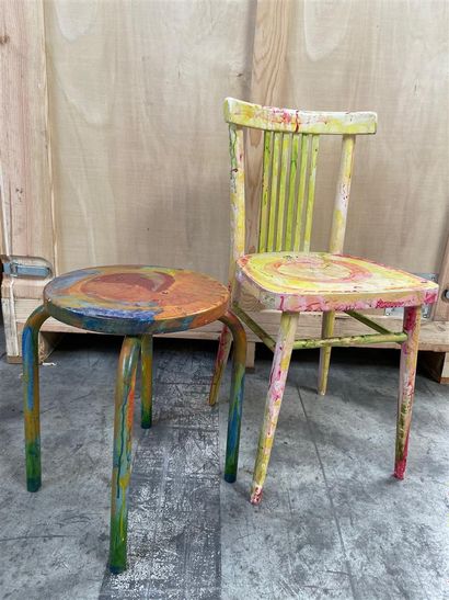 null A stool and a chair painted.