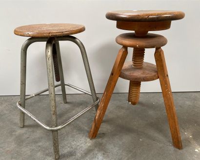 null Set of two wood and metal workshop stools with adjustable height.