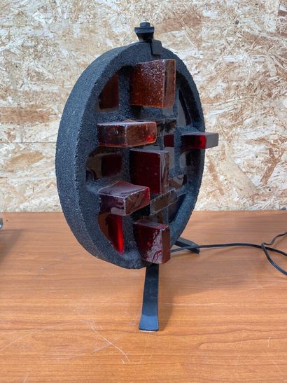 null LAMP-SCULPTURE in lava stone and red and orange resin, on a black lacquered...