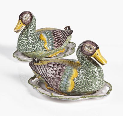  MARSEILLE 
Pair of covered terrines in the shape of ducks resting on their oval...