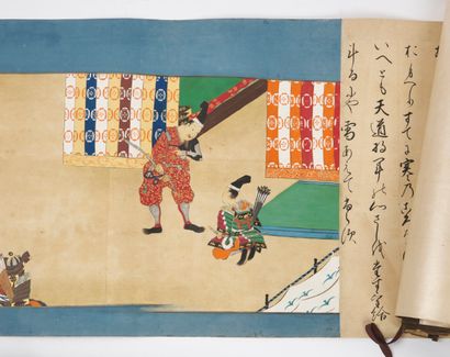  JAPON - Epoque EDO (1603 - 1868) 
Trois rouleaux e-maki, encre, couleurs et or sur...