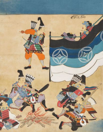  JAPON - Epoque EDO (1603 - 1868) 
Trois rouleaux e-maki, encre, couleurs et or sur...