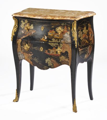 null A small Parisian varnish chest of drawers with two drawers decorated with landscapes...