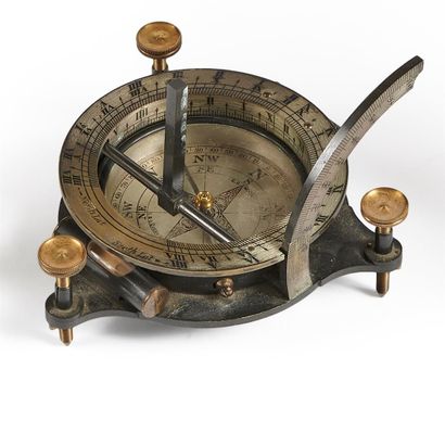 null Sundial (sun watch) on a plate with calantes screws, set with a compass, supported...