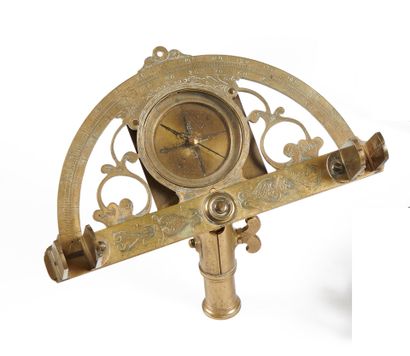 null Graphometer with pinnules on brass socket, plate pierced with foliage and set...