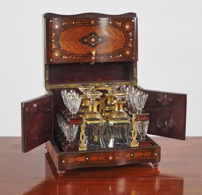 null Palisander, amaranth and mother-of-pearl marquetry liquor cabinet, containing...