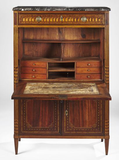 null A marquetry, satinwood and amaranth desk with a flap opening to a drawer, two...