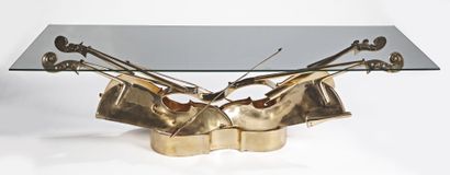  Arman (1928-2005) 
Low table, proof, cello bowl in gilded patinated bronze, welded,...