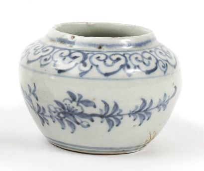 null CHINE 

Petite jarre ovoïde en porcelaine à décor en camaïeu bleu de branches...