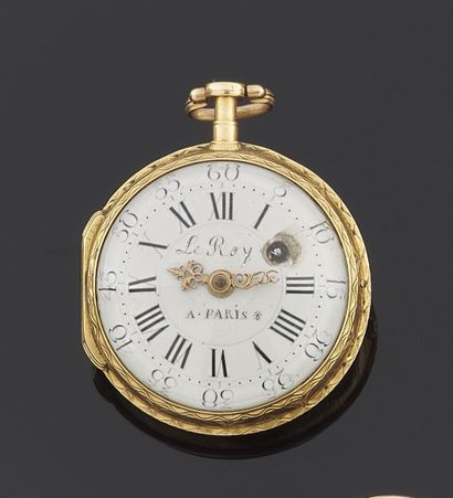 null Pocket watch in yellow gold 750 thousandth, the engraved bottom, white enamelled...