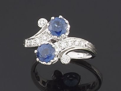 null You and Me" ring in white gold set with two sapphires between two lines of round...