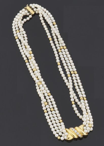 null NECKLACE four rows of small pearls of cultured choker alternated with some balls...