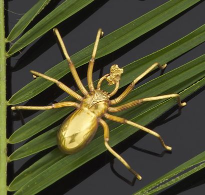 null BROCHE en or jaune 750 millièmes figurant une araignée retenant une pépite d'or.

Hauteur...