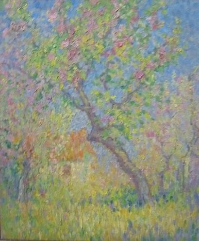 ATELIER Etienne de MARTENNE (1868-1920) Printemps, arbre fleuri. Huile sur toile....
