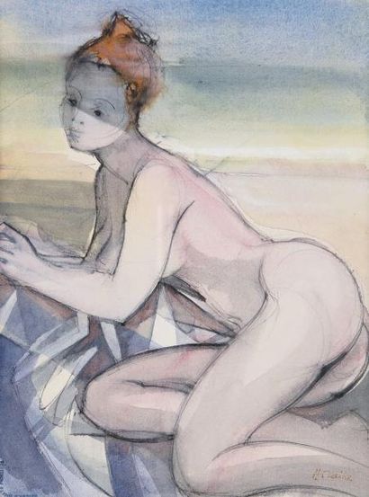 Camille HILAIRE (Metz 1916 - 2004) Nu sur la plage Aquarelle et encre. Signée en...