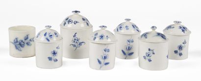 null MENNECY

Seven cylindrical ointment jars, six of them covered, with blue camaïeu...