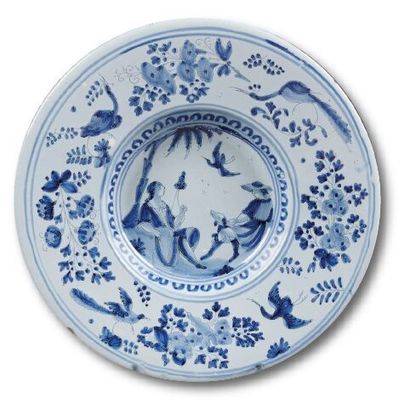 null NEVERS

A round earthenware dish decorated in blue monochrome with a couple...