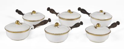 null DRINKS

Six covered white porcelain pans with gold serrated lines, the lid in...
