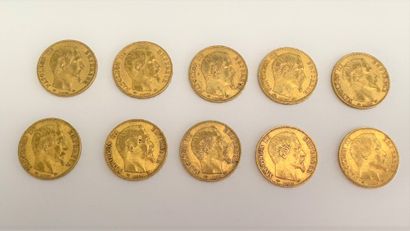 null *10 pièces de 20 francs or Napoléon III tête nue, 1859. 

Poids : 64,2 g 



Frais...