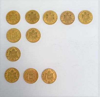 null *11 pièces de 20 francs or, Napoléon III tête laurée : 

- 7 pièces de 1864

-...