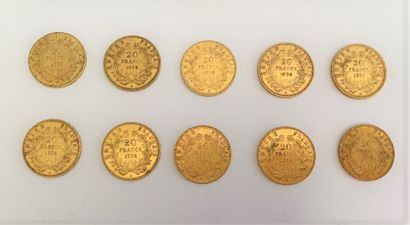null *10 pièces de 20 francs or Napoléon III tête nue, 1856

Poids : 64,2 g 



Frais...