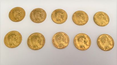 null *10 pièces de 20 francs or Napoléon III tête nue, 1855

Poids : 64,2 g 



Frais...