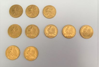 null *10 pièces de 20 francs or au coq : 

- 3 pièces de 1911

- 7 pièces de 1914

Poids...