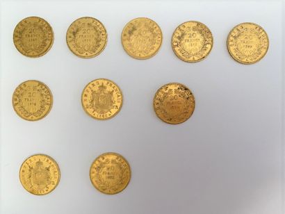 null *10 pièces de 20 francs or, Napoléon III : 

- 1 pièce de 1854

- 5 pièces de...