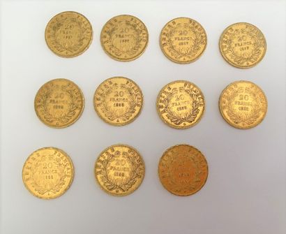 null *13 pièces de 20 francs or, Napoléon III tête nue : 

- 5 pièces de 1857.

-...