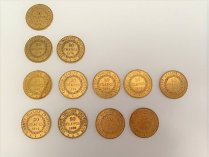 null *12 pièces de 20 francs or IIIe République de 1871, 1874, 1875, 1876. 

Poids...