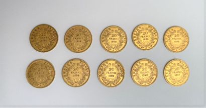 null *10 pièces de 20 francs or Napoléon III tête nue, 1859. 

Poids total : 64,1...