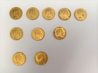 null *10 pièces de 20 francs or, Napoléon III : 

- 1 pièce de 1854

- 5 pièces de...