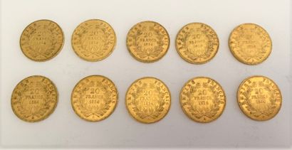 null *10 pièces de 20 francs or Napoléon III tête nue, 1854

Poids : 64,2 g 



Frais...