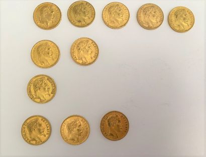 null *11 pièces de 20 francs or, Napoléon III tête laurée : 

- 7 pièces de 1864

-...