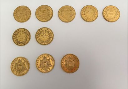 null *10 pièces de 20 francs or, Napoléon III : 

- 7 pièces de 1853, Napoléon tête...