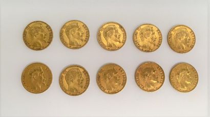 null *10 pièces de 20 francs or Napoléon III tête nue, 1859. 

Poids total : 64,1...