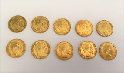 null *10 pièces de 20 francs or, Napoléon III tête nue : 

- 9 pièces de 1852 

-...