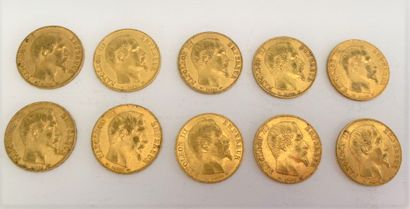 null *10 pièces de 20 francs or Napoléon III tête nue, 1854

Poids : 64,2 g 



Frais...