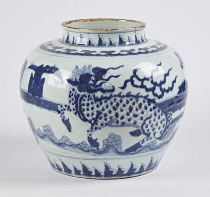 null Chine

Grande jarre en porcelaine à décor en camaïeu bleu de deux qilin dans...