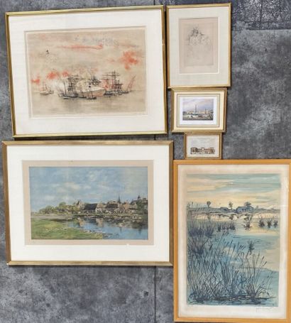 null SET OF FURNISHED PIECES, including : 

- Contemporary school 

Lithograph, signed...