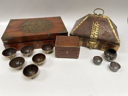 null Set of travel souvenirs including three wood and brass boxes, six bowls, two...