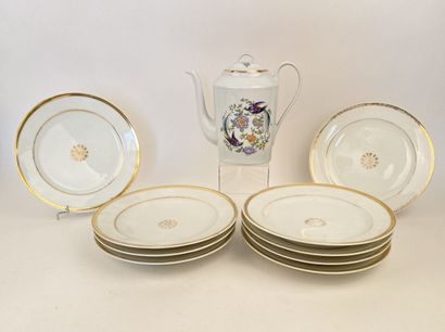 null Porcelain serving set with gold borders including 9 plates (chips). 

A teapot...