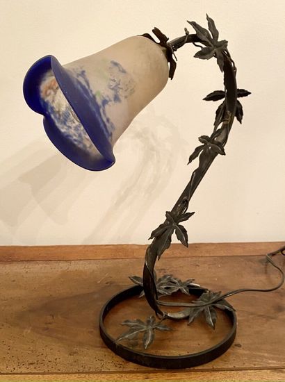 null Wrought iron LAMP with maple leaves decoration and a tulip shade in blue marbled...