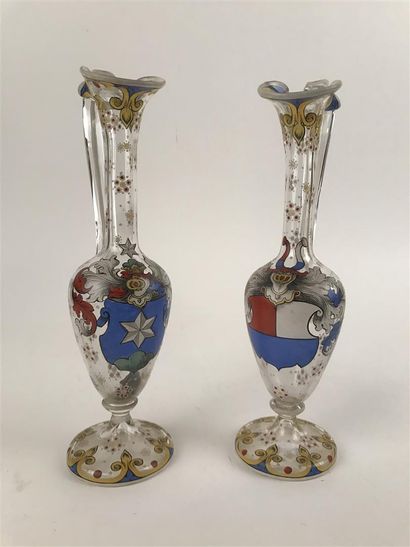 null Pair of translucent glass eagles decorated with polychrome enamels and gold,...