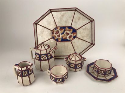 null LONGWY: Part of earthenware service with polychrome enamel decoration of flowers...
