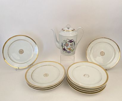 null Porcelain serving set with gold borders including 9 plates (chips). 

A teapot...