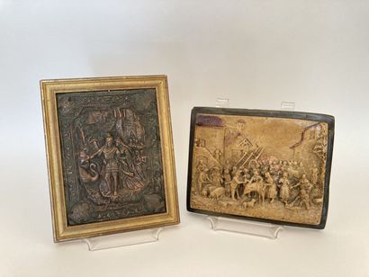 null Set including :

- Bas-relief in patinated plaster representing a market scene....