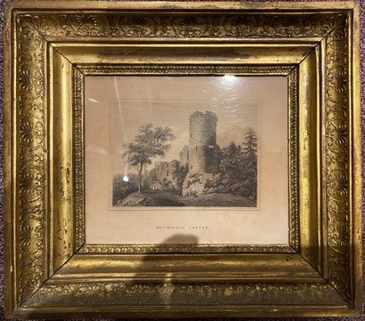 null Engraving depicting Bothwell Castel, in a wood and gilt stucco frame. 

21 x...